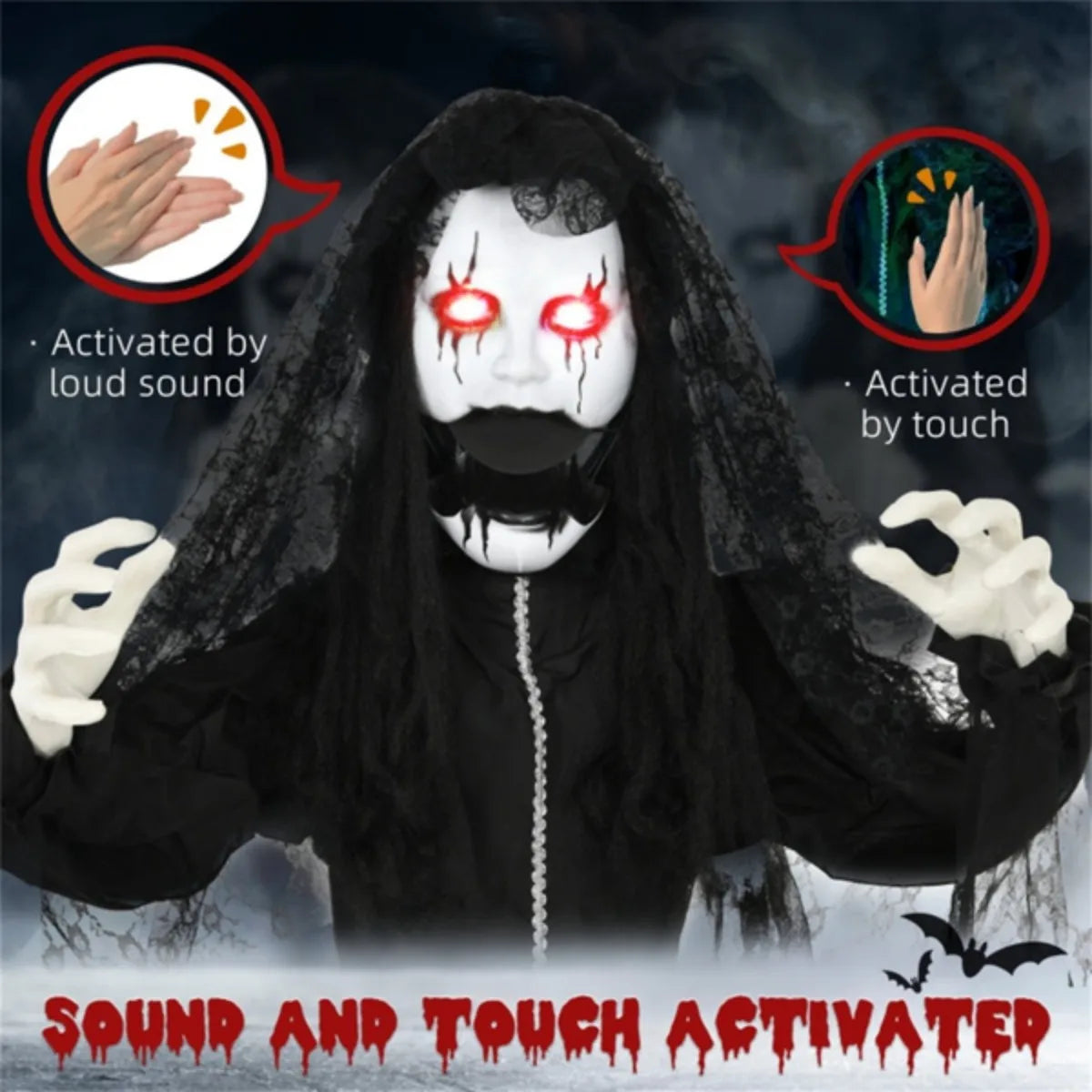 Halloween Decoration Activates Automatically Via Touch or Loud Sounds for Halloween Parties and Events