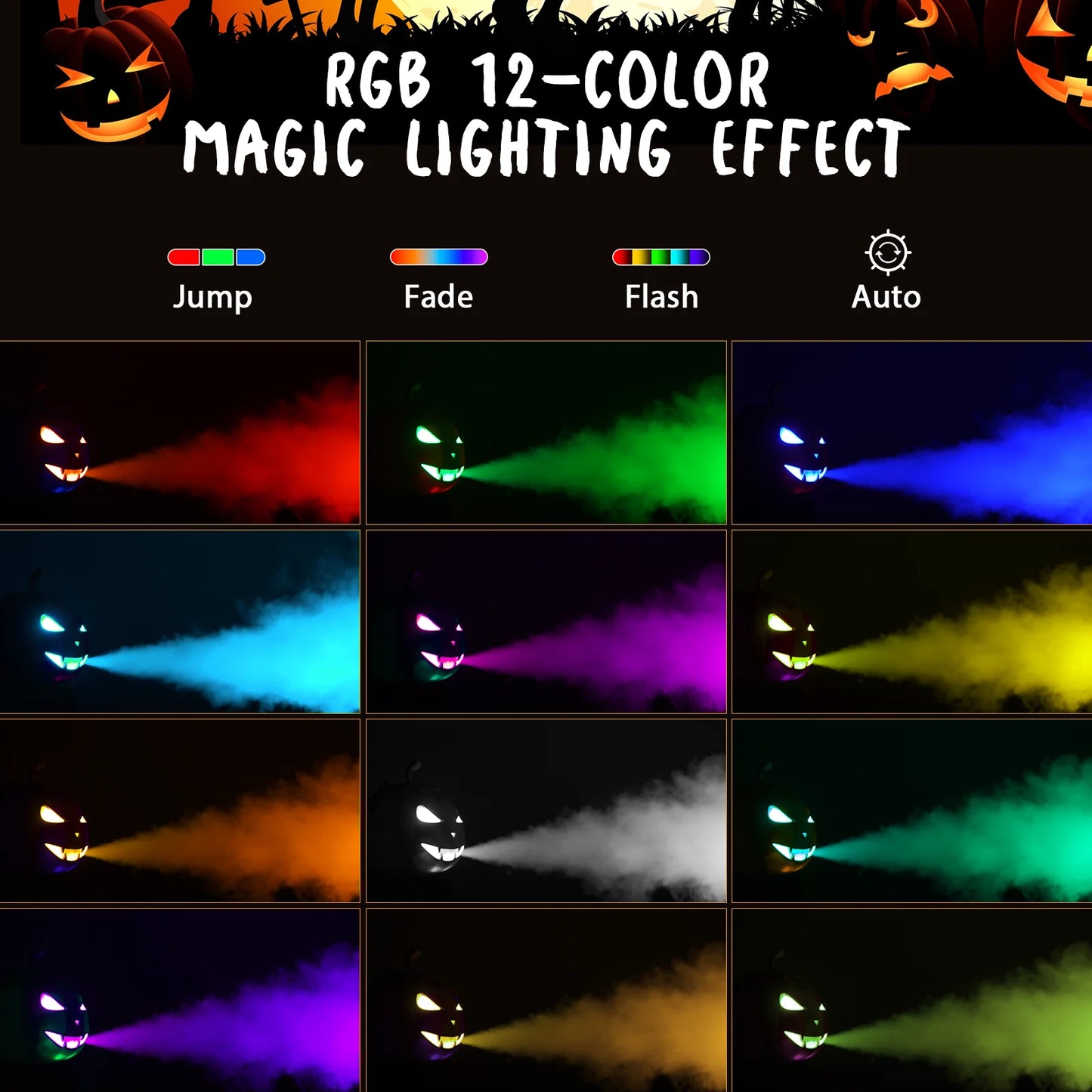 U'King 600W RGB 6LED Pumpkin Fog Machine with Remote Halloween Maker Fogger 12 Color Lighting Effect Smoke Machine for DJ Show