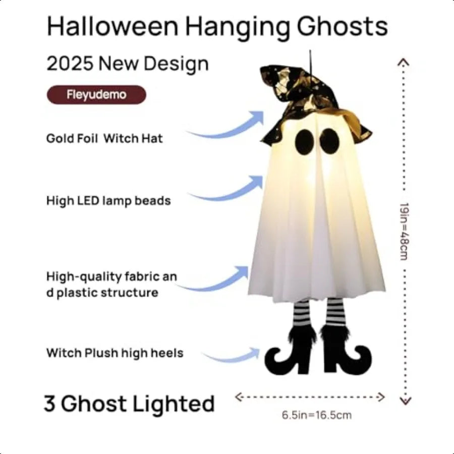 3 Pack Halloween Glowing Hanging GhostsHalloween Decorations Outdoor 19 inch Light Up Hanging Ghost with Witch Hat for Yard Pat