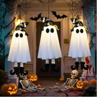 3 Pack Halloween Glowing Hanging GhostsHalloween Decorations Outdoor 19 inch Light Up Hanging Ghost with Witch Hat for Yard Pat