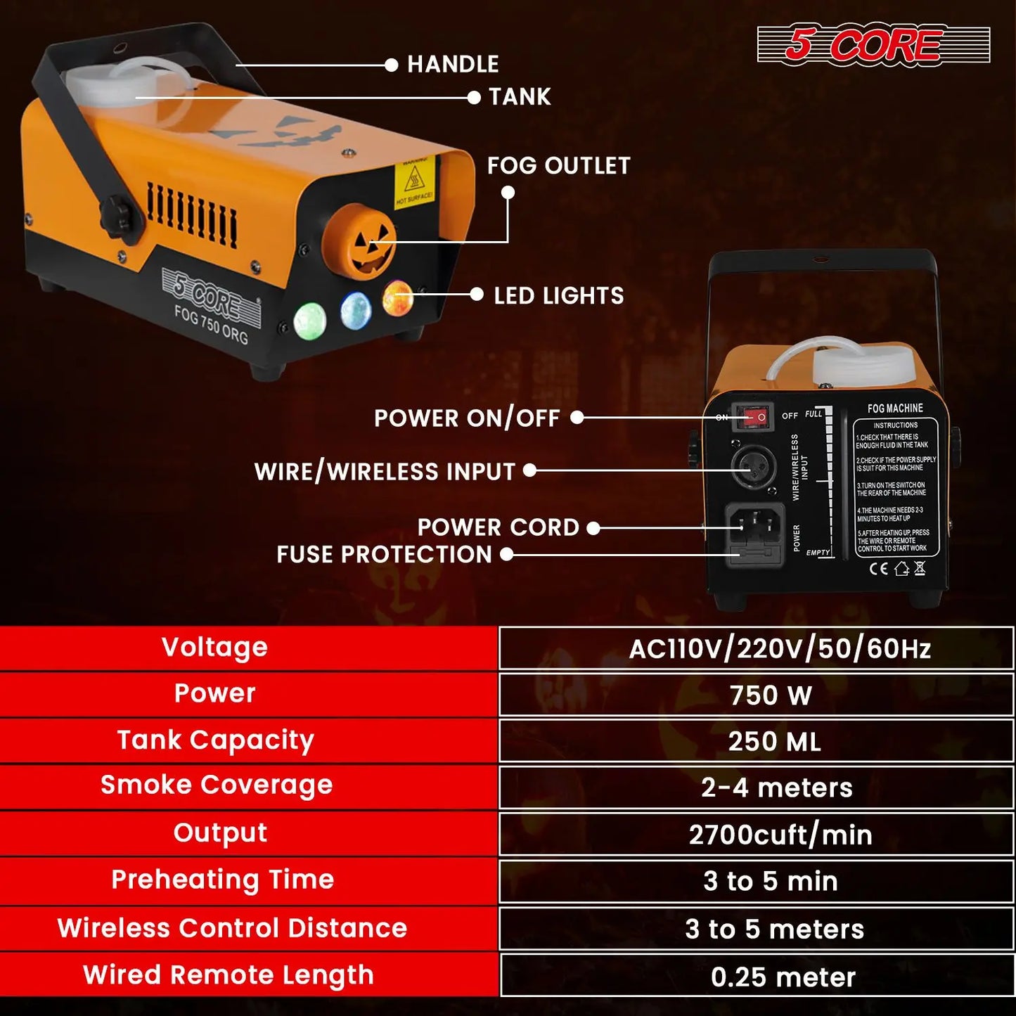 Fog Smoke Machine 750W & 2700CFM LED Lights Effect Low Lying Indoor 250ML Fog Maker with Fogger for Halloween with 1 Wired