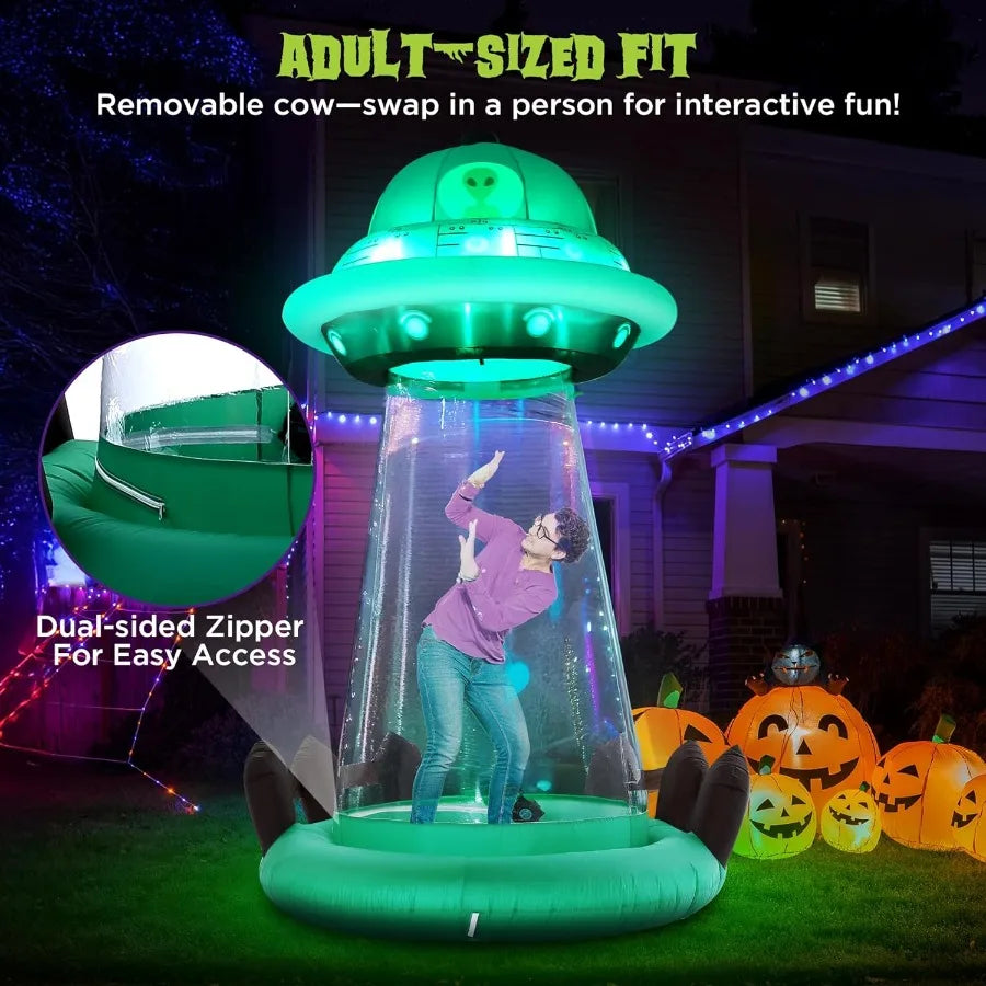 10 FT Halloween Inflatables UFO with Floating Cow Outdoor Decorations Blow Up UFO Halloween Yard Decorations for Front Lawn Gar