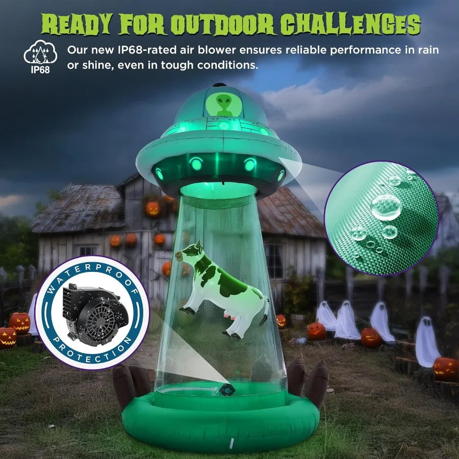 10 FT Halloween Inflatables UFO with Floating Cow Outdoor Decorations Blow Up UFO Halloween Yard Decorations for Front Lawn Gar
