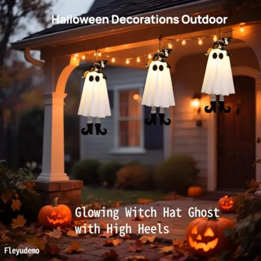 3 Pack Halloween Glowing Hanging GhostsHalloween Decorations Outdoor 19 inch Light Up Hanging Ghost with Witch Hat for Yard Pat