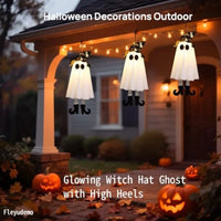 3 Pack Halloween Glowing Hanging GhostsHalloween Decorations Outdoor 19 inch Light Up Hanging Ghost with Witch Hat for Yard Pat