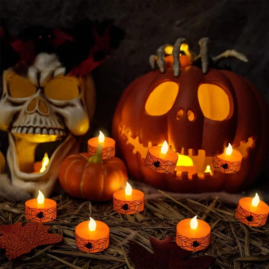 Halloween Flamel Votive Candles Battery Operated with 6H Timer 12 Pack Spider Cobweb Decal LED Flickering Pumpkin Tea Lights Ca