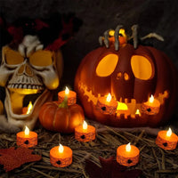 Halloween Flamel Votive Candles Battery Operated with 6H Timer 12 Pack Spider Cobweb Decal LED Flickering Pumpkin Tea Lights Ca