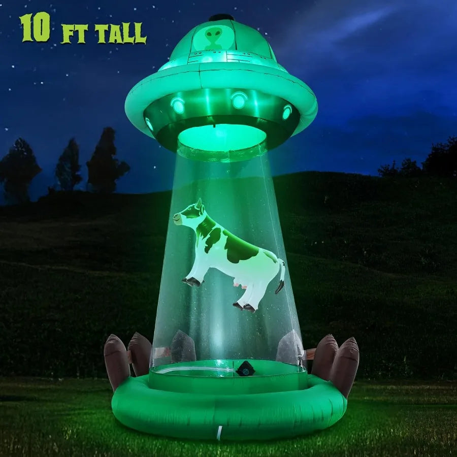 10 FT Halloween Inflatables UFO with Floating Cow Outdoor Decorations Blow Up UFO Halloween Yard Decorations for Front Lawn Gar
