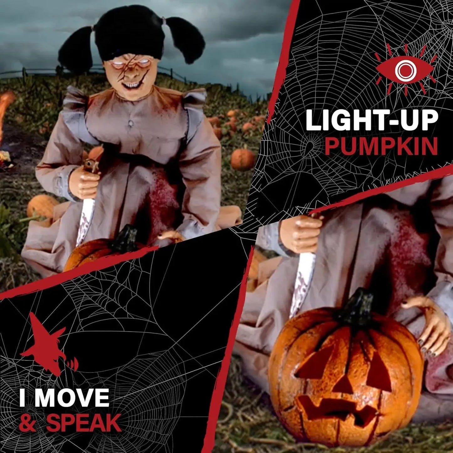 Lunging Pumpkin Carver Zombie Girl by Tekky, Motion-Activated Talking Halloween Animatronic for Indoor or Covered
