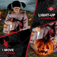 Lunging Pumpkin Carver Zombie Girl by Tekky, Motion-Activated Talking Halloween Animatronic for Indoor or Covered