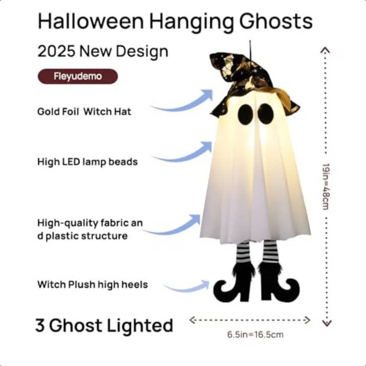 3 Pack Halloween Glowing Hanging GhostsHalloween Decorations Outdoor 19 inch Light Up Hanging Ghost with Witch Hat for Yard Pat