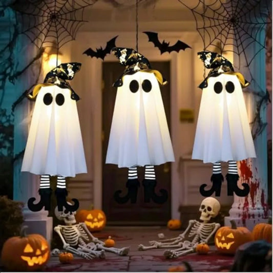 3 Pack Halloween Glowing Hanging GhostsHalloween Decorations Outdoor 19 inch Light Up Hanging Ghost with Witch Hat for Yard Pat