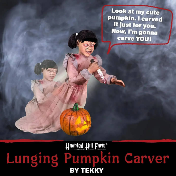 Lunging Pumpkin Carver Zombie Girl by Tekky, Motion-Activated Talking Halloween Animatronic for Indoor or Covered