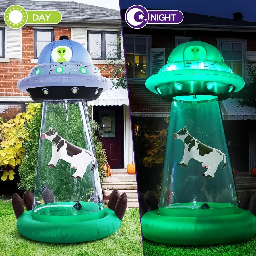 10 FT Halloween Inflatables UFO with Floating Cow Outdoor Decorations Blow Up UFO Halloween Yard Decorations for Front Lawn Gar