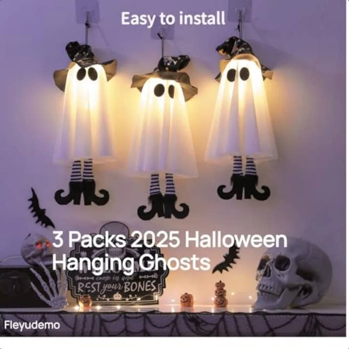 3 Pack Halloween Glowing Hanging GhostsHalloween Decorations Outdoor 19 inch Light Up Hanging Ghost with Witch Hat for Yard Pat