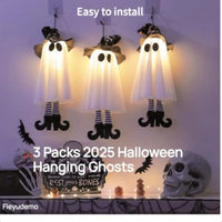 3 Pack Halloween Glowing Hanging GhostsHalloween Decorations Outdoor 19 inch Light Up Hanging Ghost with Witch Hat for Yard Pat