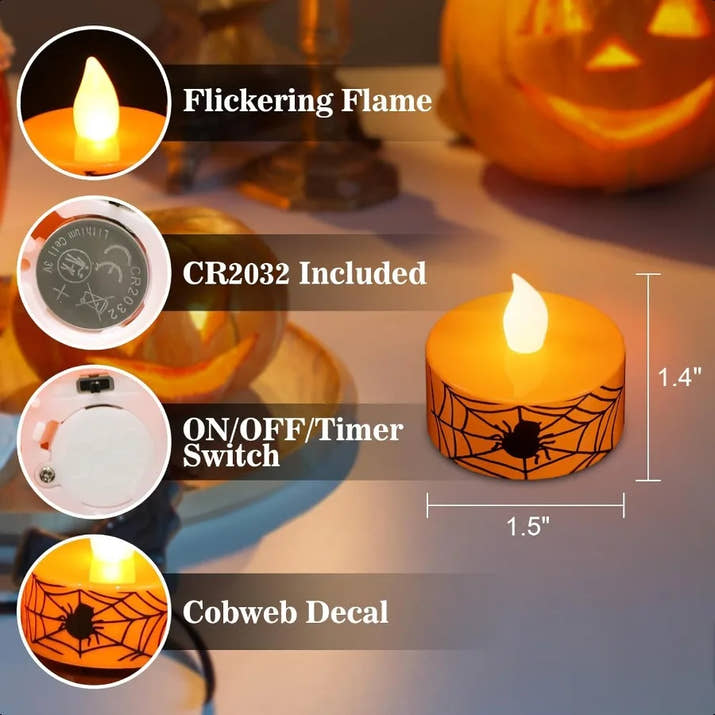 Halloween Flamel Votive Candles Battery Operated with 6H Timer 12 Pack Spider Cobweb Decal LED Flickering Pumpkin Tea Lights Ca