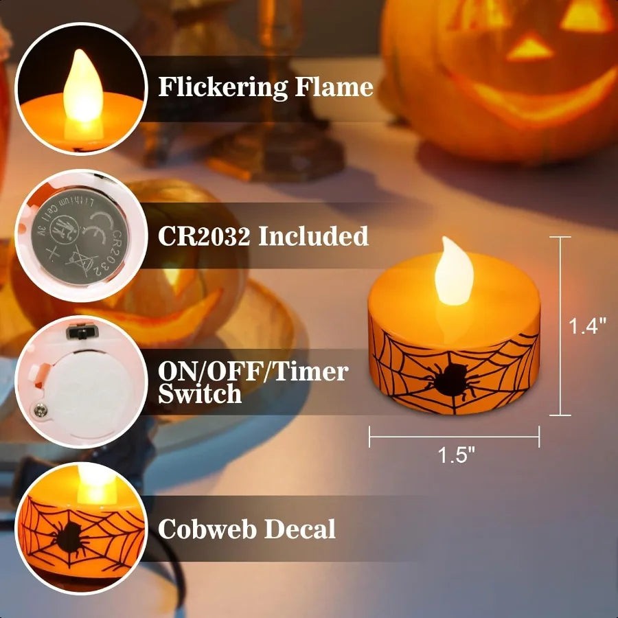Halloween Flamel Votive Candles Battery Operated with 6H Timer 12 Pack Spider Cobweb Decal LED Flickering Pumpkin Tea Lights Ca