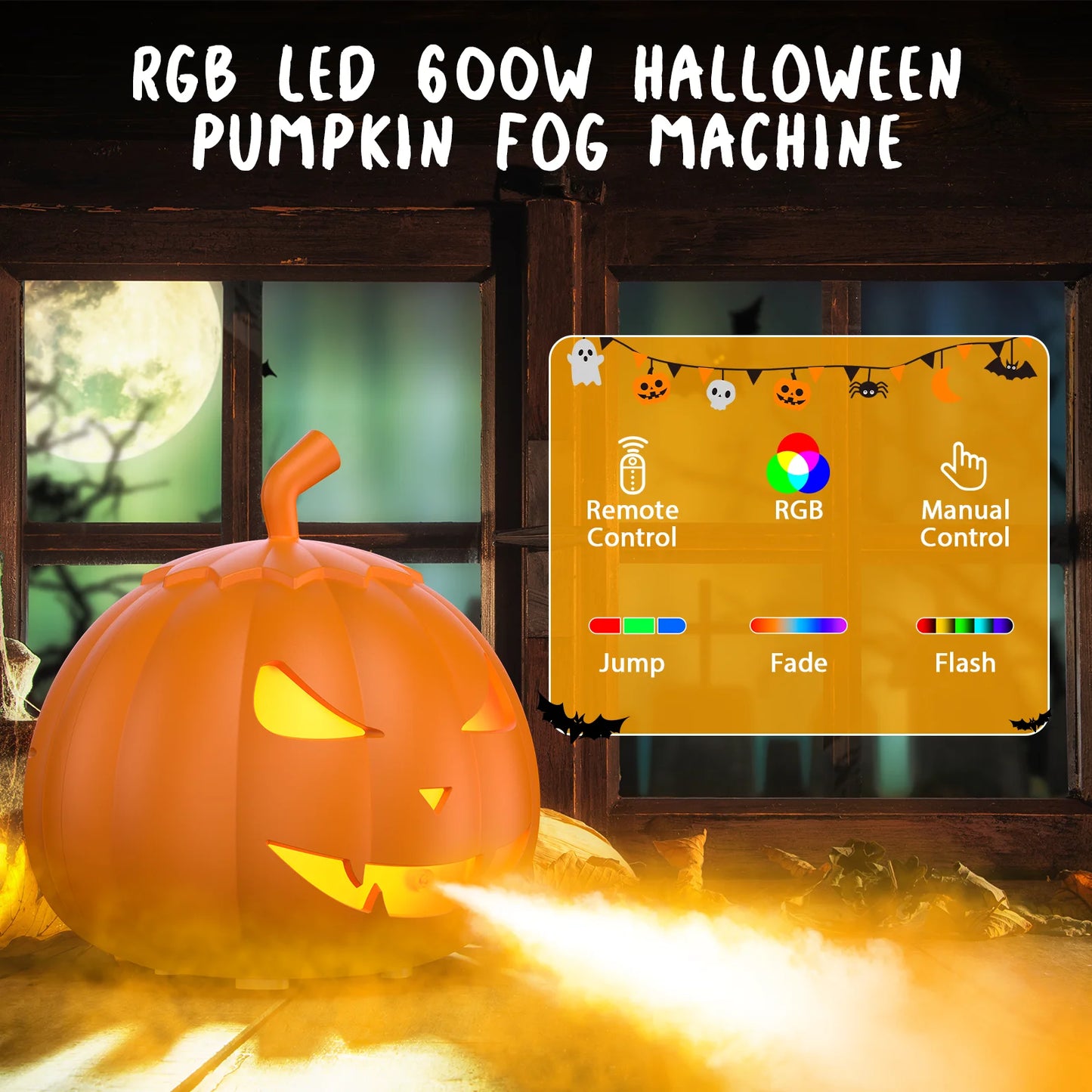 U'King 600W RGB 6LED Pumpkin Fog Machine with Remote Halloween Maker Fogger 12 Color Lighting Effect Smoke Machine for DJ Show