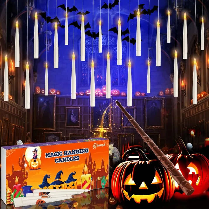 Floating Candles with Wand Remote 20 Pcs Magic Halloween Hanging Candles Flickering Warmer Light Flamel LED Candles with DIY St