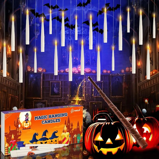 Floating Candles with Wand Remote 20 Pcs Magic Halloween Hanging Candles Flickering Warmer Light Flamel LED Candles with DIY St