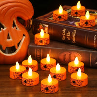 Halloween Flamel Votive Candles Battery Operated with 6H Timer 12 Pack Spider Cobweb Decal LED Flickering Pumpkin Tea Lights Ca