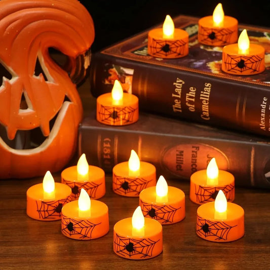 Halloween Flamel Votive Candles Battery Operated with 6H Timer 12 Pack Spider Cobweb Decal LED Flickering Pumpkin Tea Lights Ca