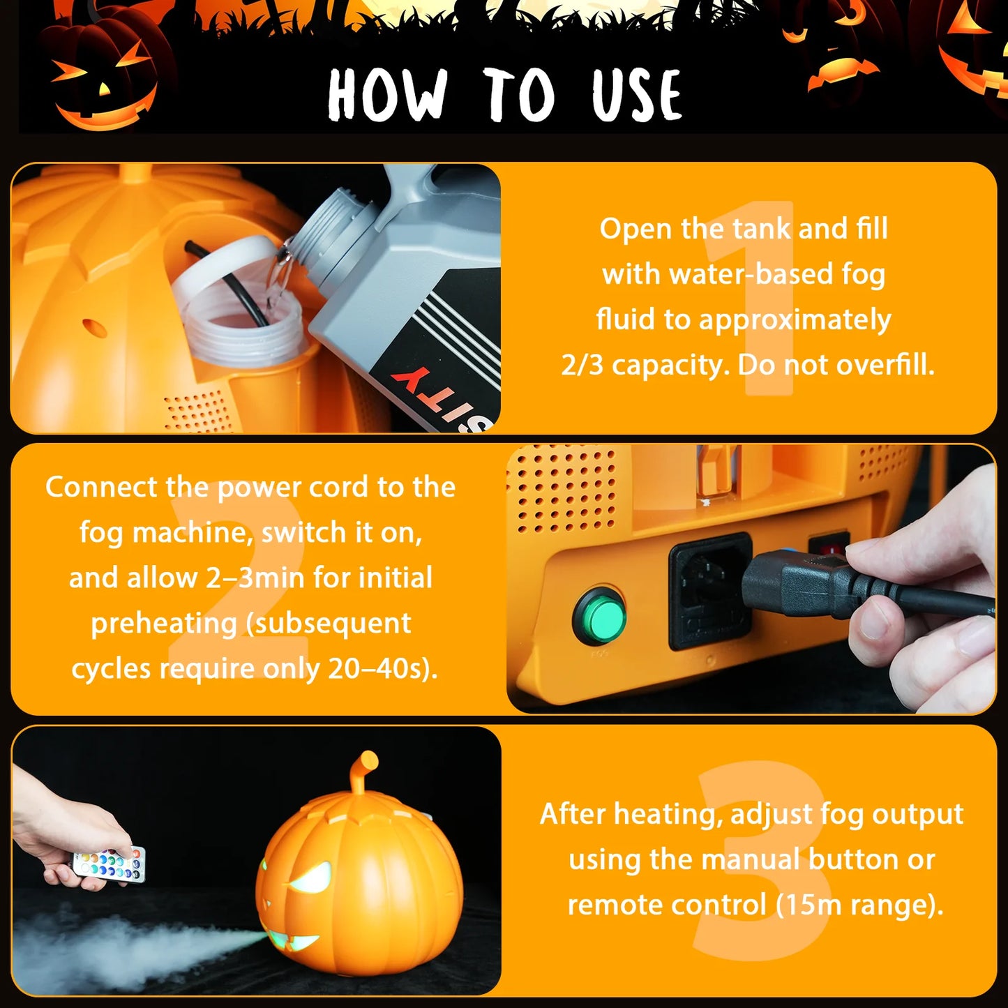 U'King 600W RGB 6LED Pumpkin Fog Machine with Remote Halloween Maker Fogger 12 Color Lighting Effect Smoke Machine for DJ Show