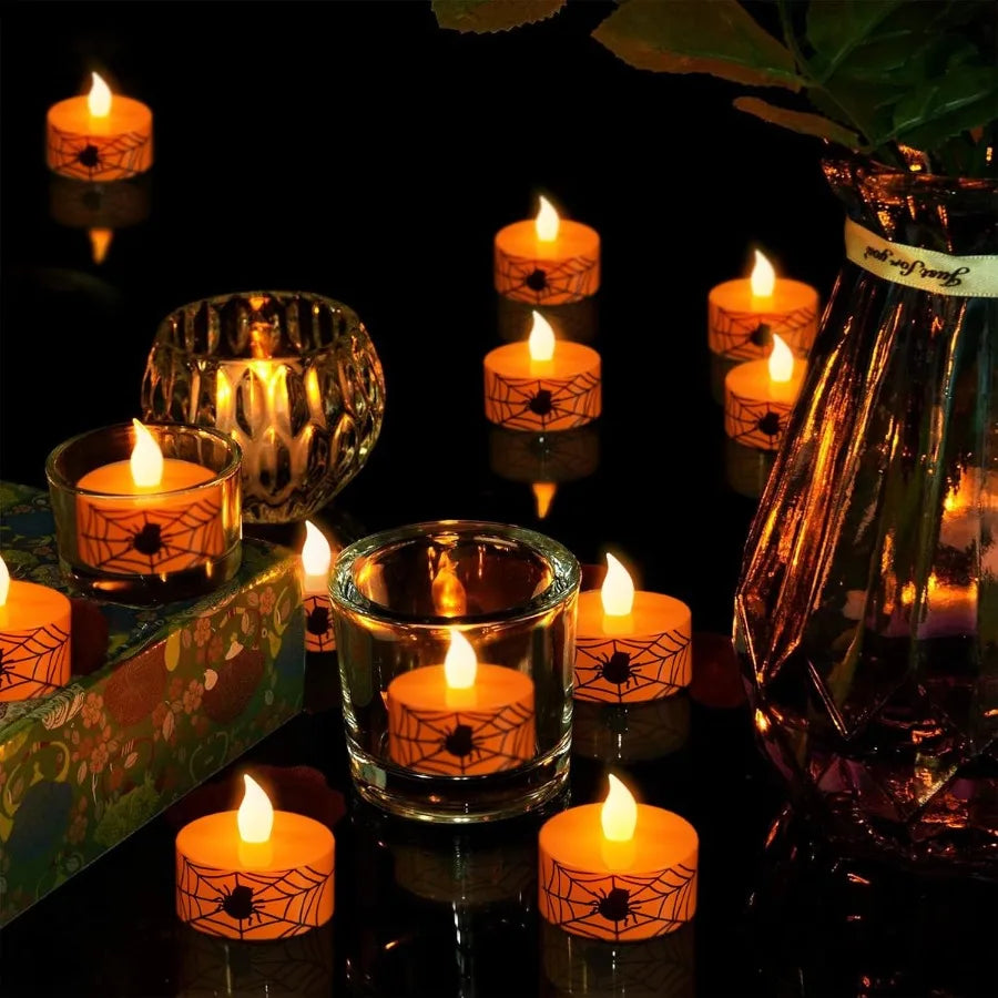 Halloween Flamel Votive Candles Battery Operated with 6H Timer 12 Pack Spider Cobweb Decal LED Flickering Pumpkin Tea Lights Ca