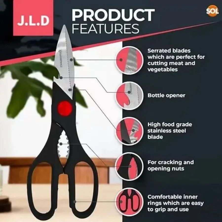 Multifunctional Kitchen Scissors with Stainless Steel Blades and NonSlip Handle Featuring Builtin Bottle Opener Can Opener and