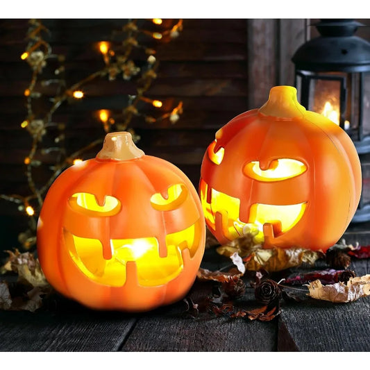 2PCS Jack O Lantern Light Halloween Scary Glowing Plastic Pumpkin Lamp for Outdoor Yard and Garden Decor in Orange Perfect for