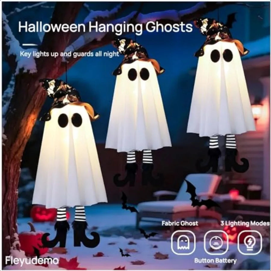 3 Pack Halloween Glowing Hanging GhostsHalloween Decorations Outdoor 19 inch Light Up Hanging Ghost with Witch Hat for Yard Pat