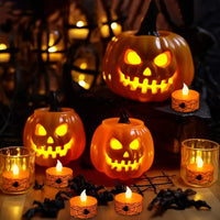 Halloween Flamel Votive Candles Battery Operated with 6H Timer 12 Pack Spider Cobweb Decal LED Flickering Pumpkin Tea Lights Ca