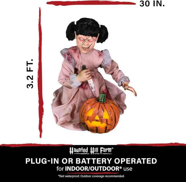 Lunging Pumpkin Carver Zombie Girl by Tekky, Motion-Activated Talking Halloween Animatronic for Indoor or Covered