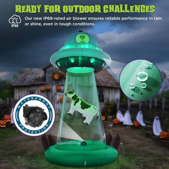 10 FT Halloween Inflatables UFO with Floating Cow Outdoor Decorations Blow Up UFO Halloween Yard Decorations for Front Lawn Gar