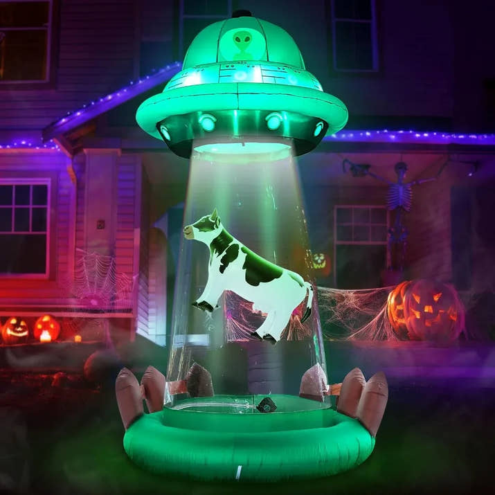 10 FT Halloween Inflatables UFO with Floating Cow Outdoor Decorations Blow Up UFO Halloween Yard Decorations for Front Lawn Gar