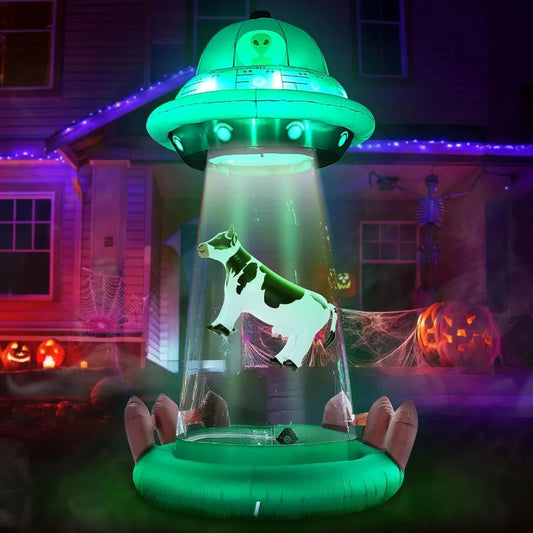 10 FT Halloween Inflatables UFO with Floating Cow Outdoor Decorations Blow Up UFO Halloween Yard Decorations for Front Lawn Gar